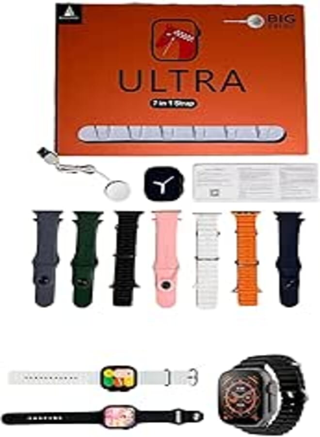 ADHOMAX Ultra Big 7 In 1 Smart Watch, 2.01" HD Display, Calling, Fitness Tracker, Wireless Charging, Heart Rate, SpO2, Weather, Camera, Music, For IOS, android, men and women (Black)